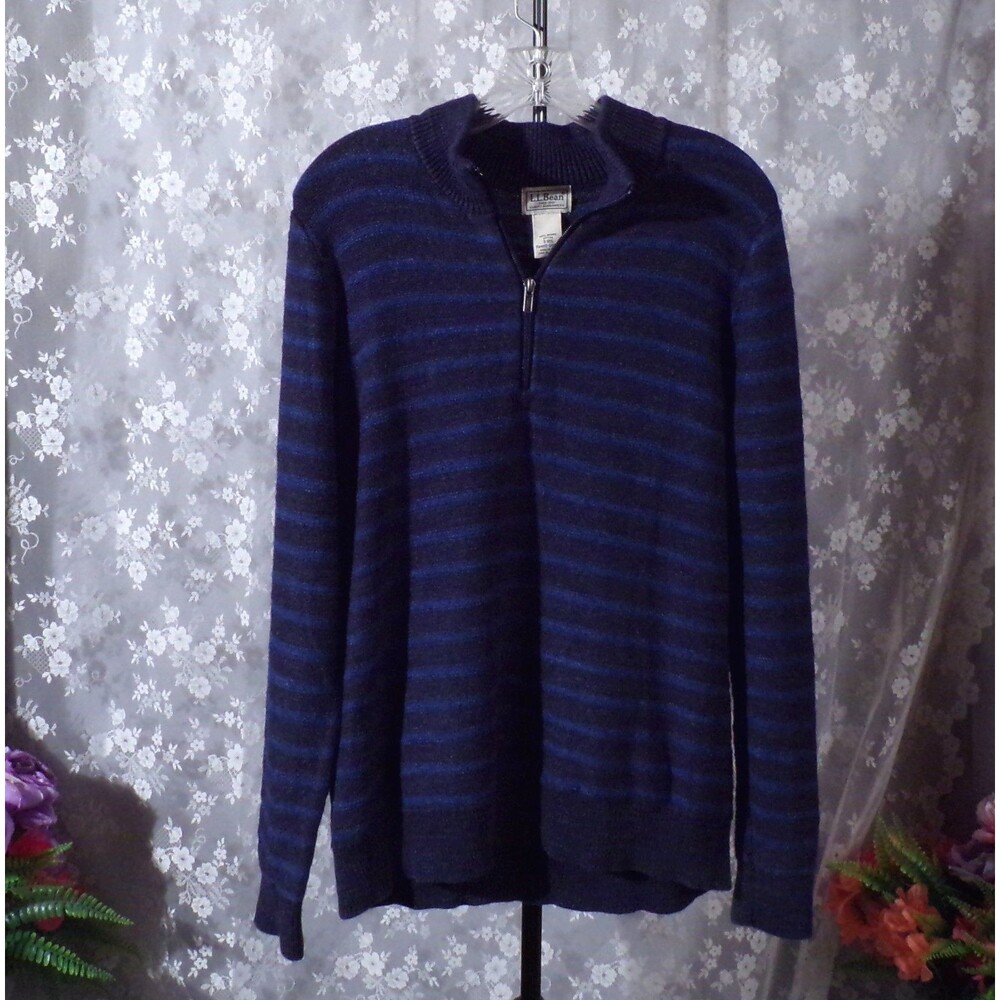 L.L. Bean Mens Striped Sweater Size Small Blue Cotton Turtleneck Quarter Zip